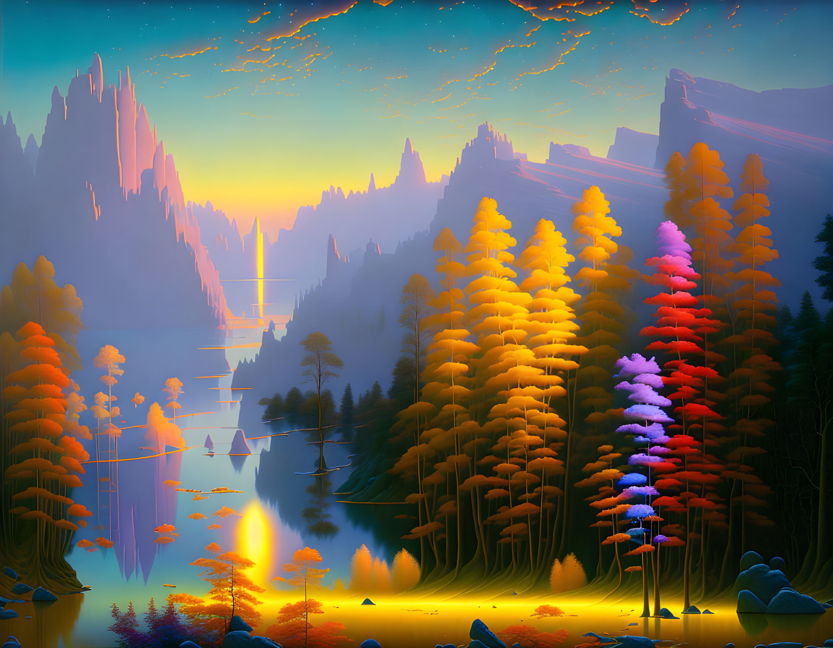 Colorful trees, serene lake, mountains: fantastical landscape in digital painting