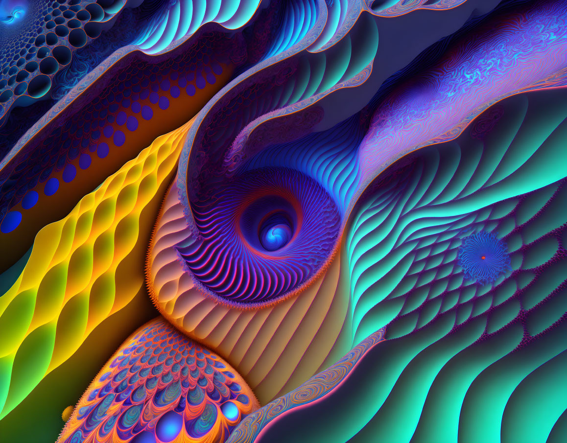 Colorful Abstract Fractal Art with Blues, Purples, Yellows, and Oranges