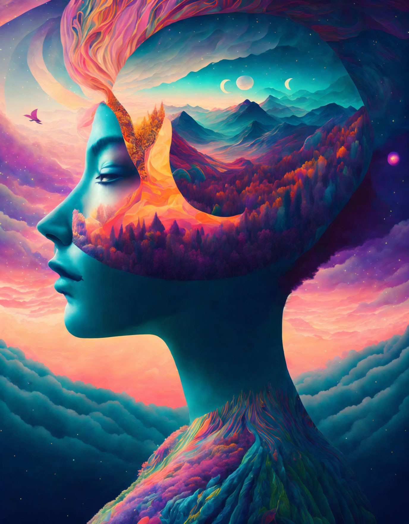 Colorful surreal profile with landscape mind: forests, mountains, celestial sky.