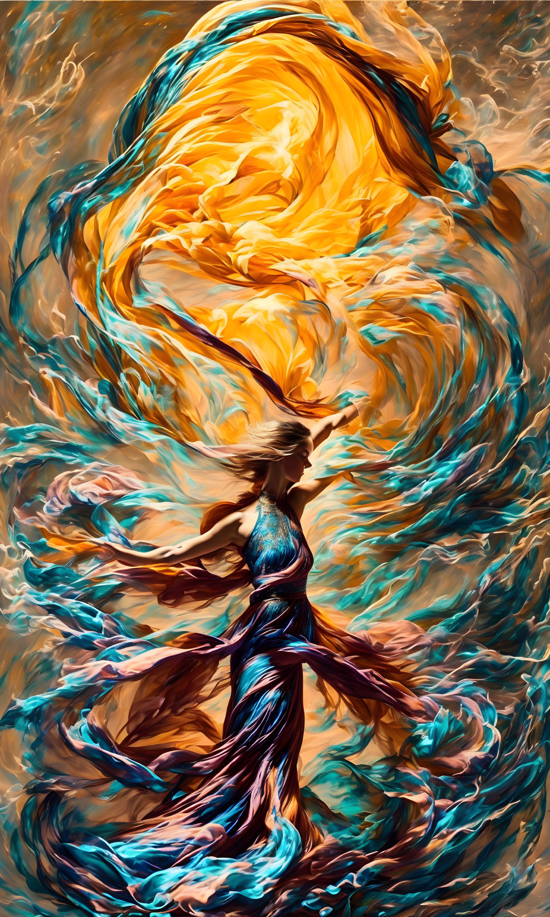 Colorful digital painting of a dancing woman with flowing hair and dress.