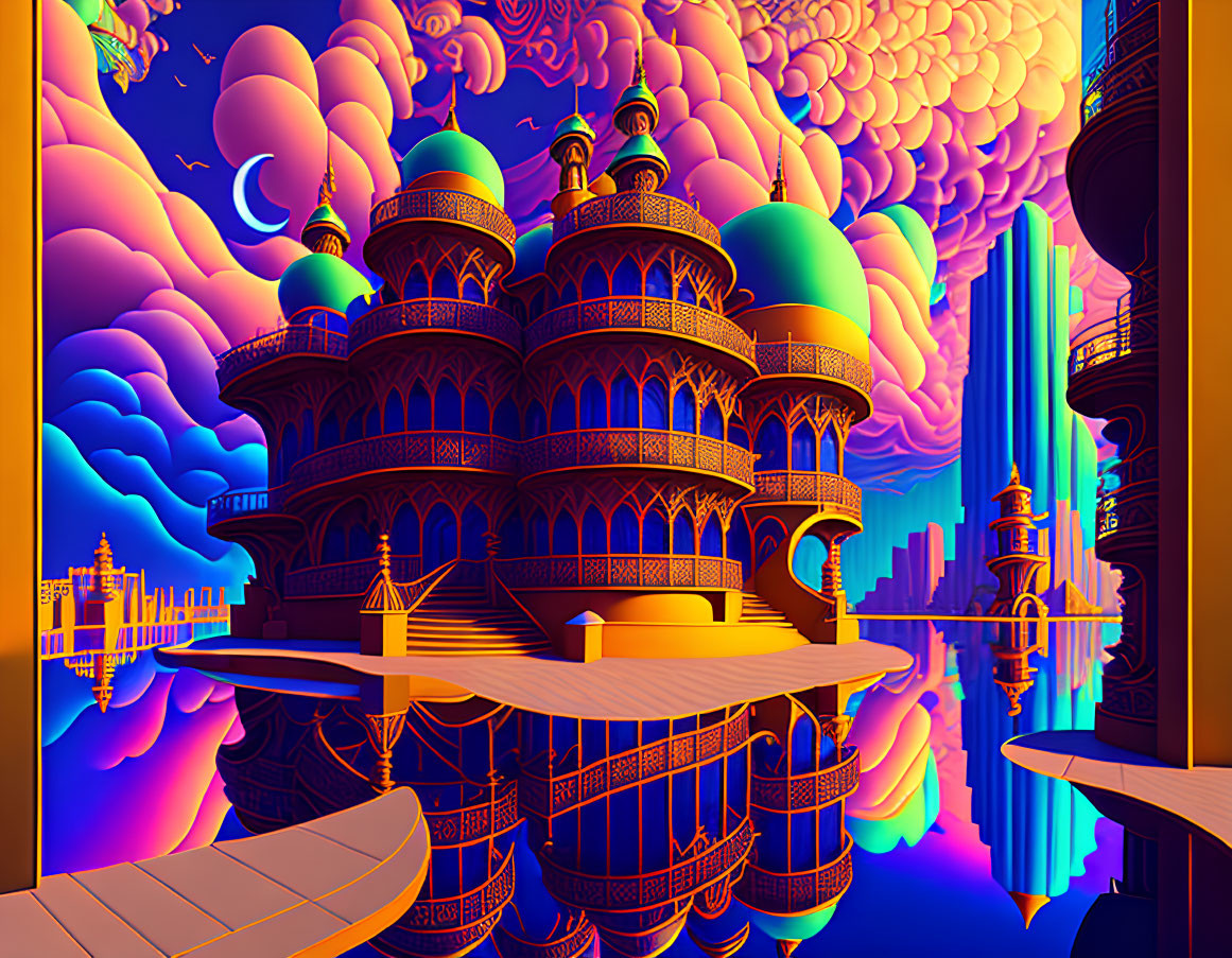 Surreal digital artwork of vibrant palace in dreamlike landscape