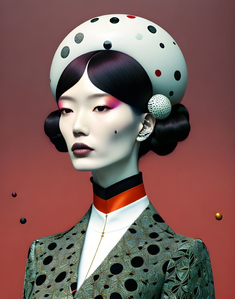 Surreal portrait of woman with white headpiece and polka dots