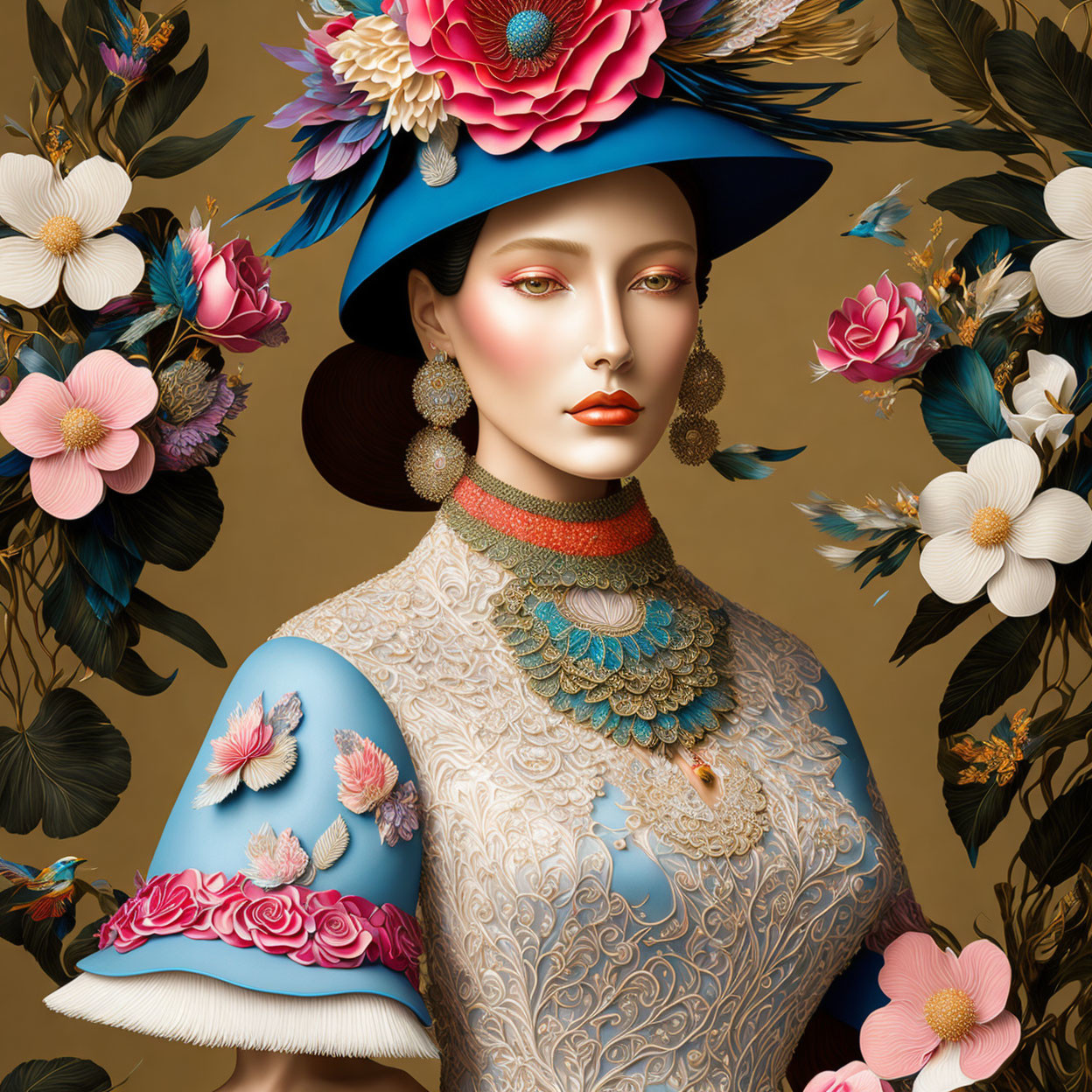 Stylized portrait of woman in floral attire with blue hat and patterned dress surrounded by illustrated flowers