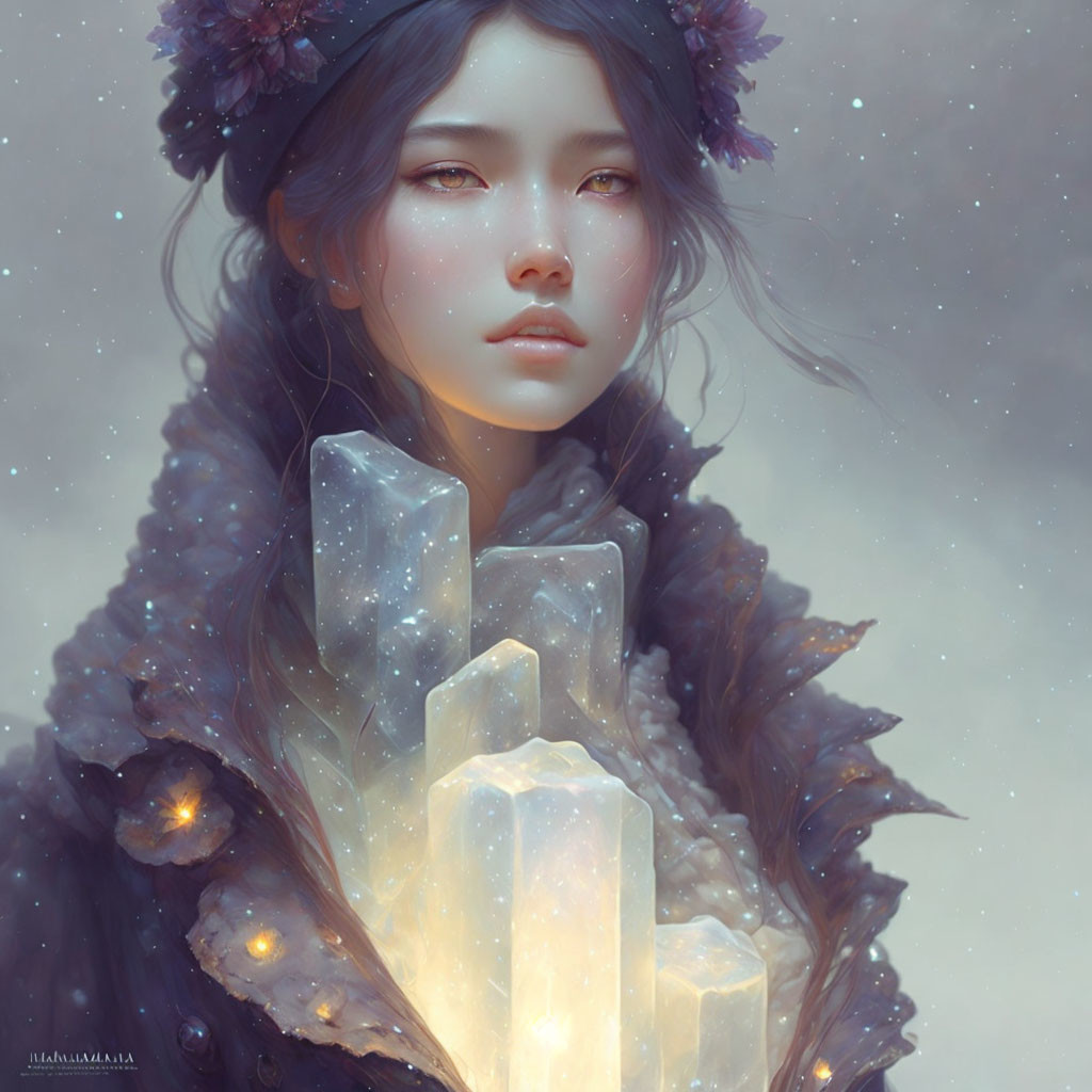 Serene woman with glowing crystals and flower crown in mystical setting