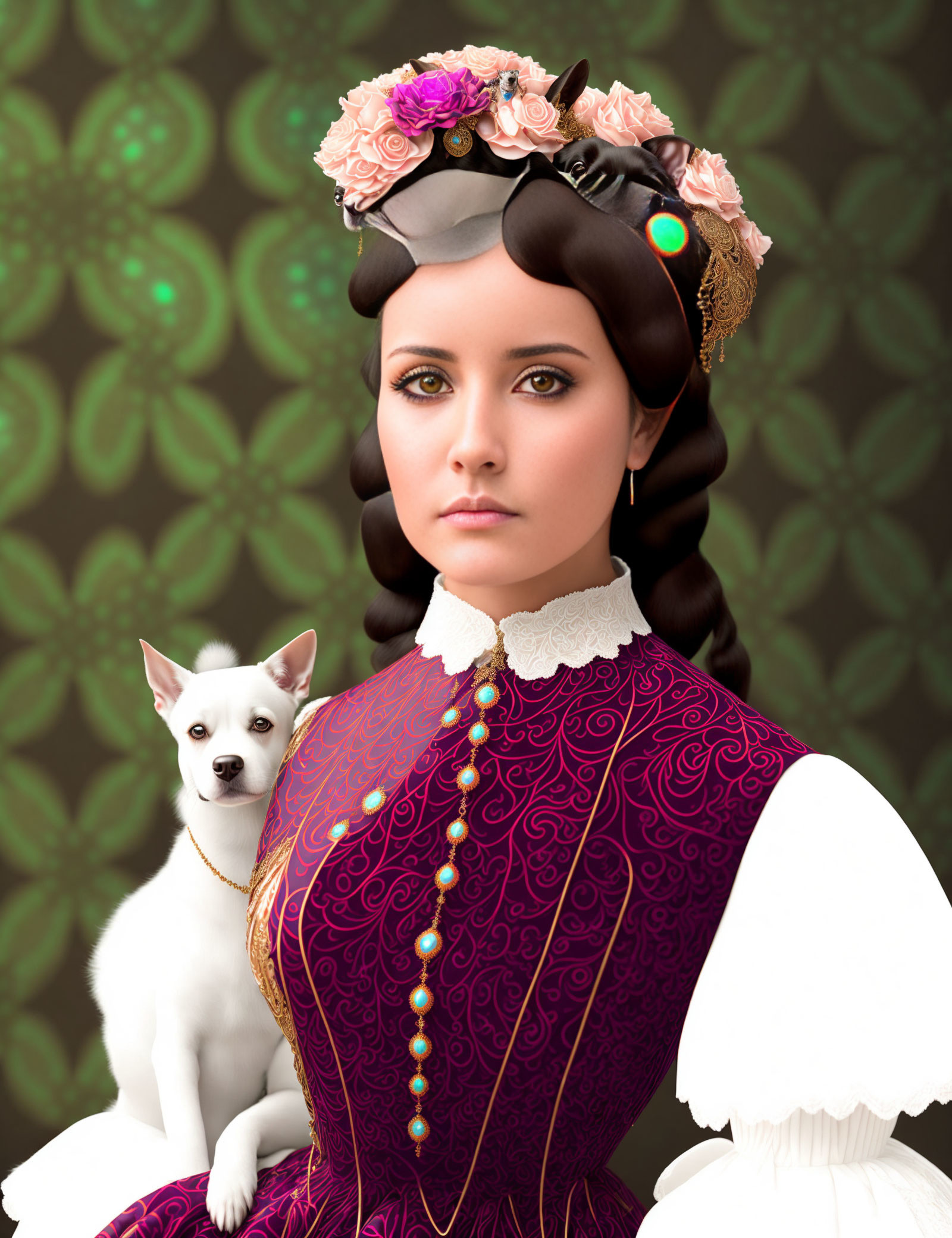 Victorian-era styled woman with floral headband and white dog portrait