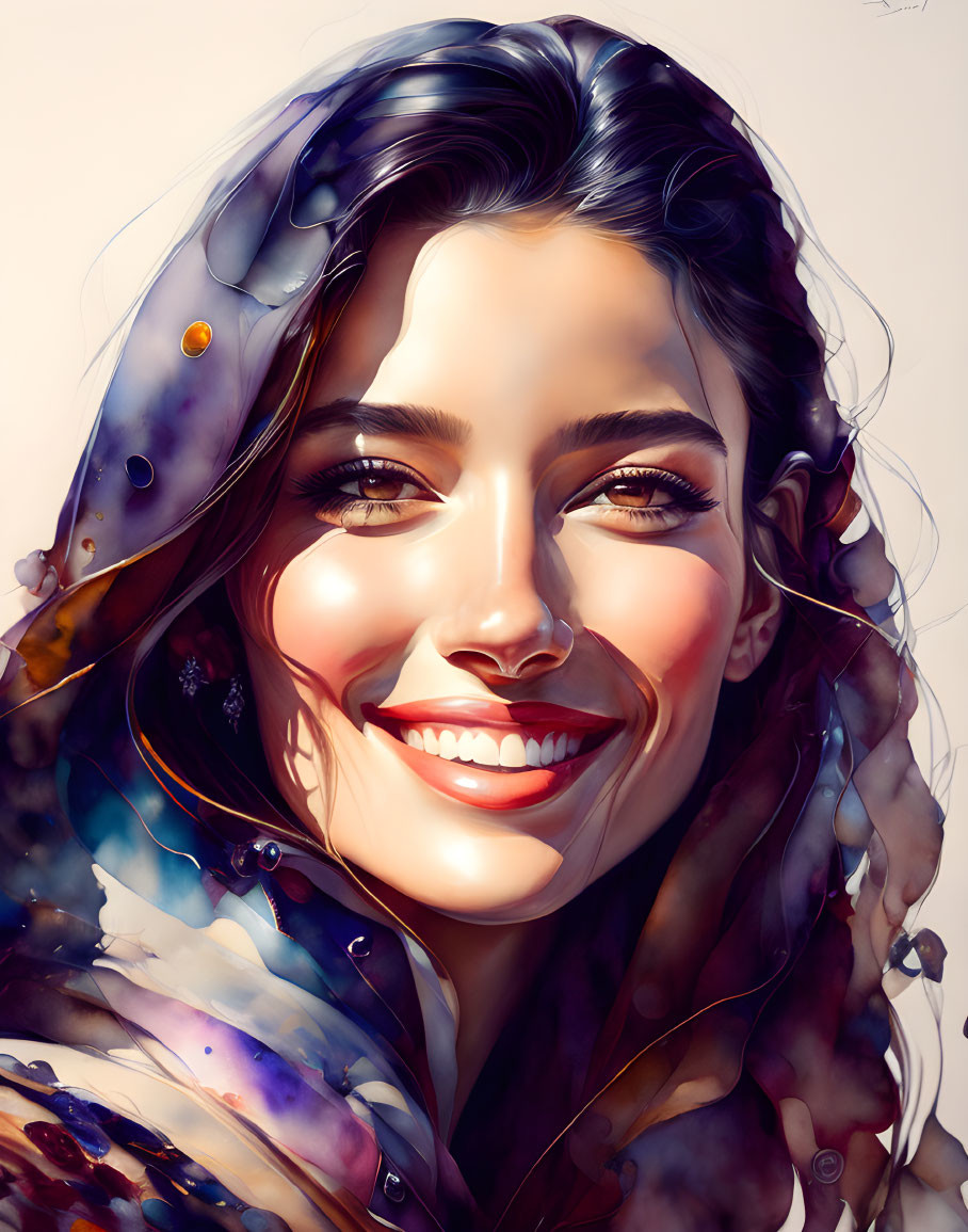 Detailed digital portrait of a smiling woman with glossy hair and vibrant colors