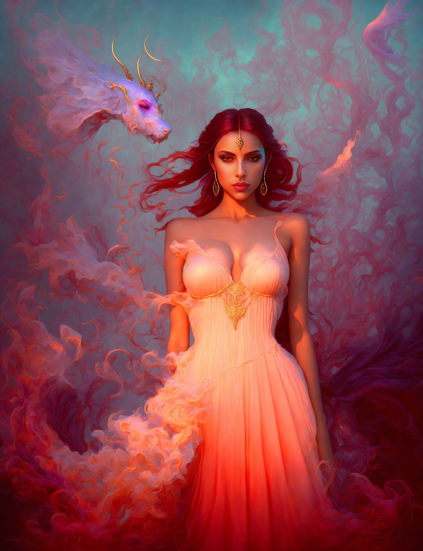 Red-haired mystical woman in pink dress with dragon-like creature in swirling mists