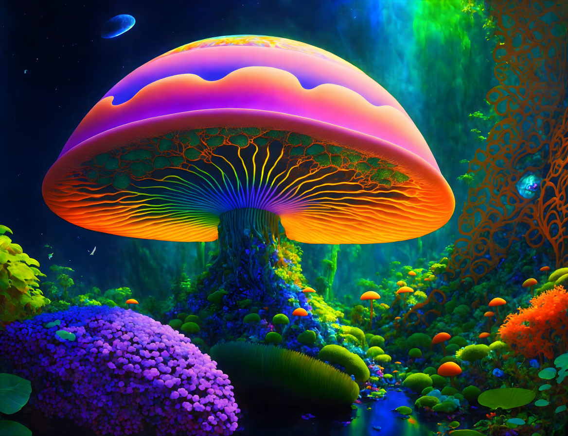 Colorful Underwater Fantasy Scene with Large Luminescent Mushroom