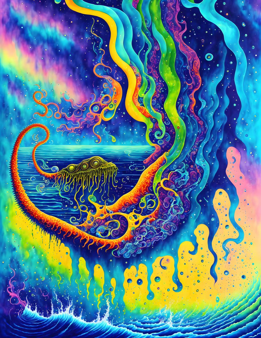 Colorful Psychedelic Octopus Artwork with Abstract Oceanic Background