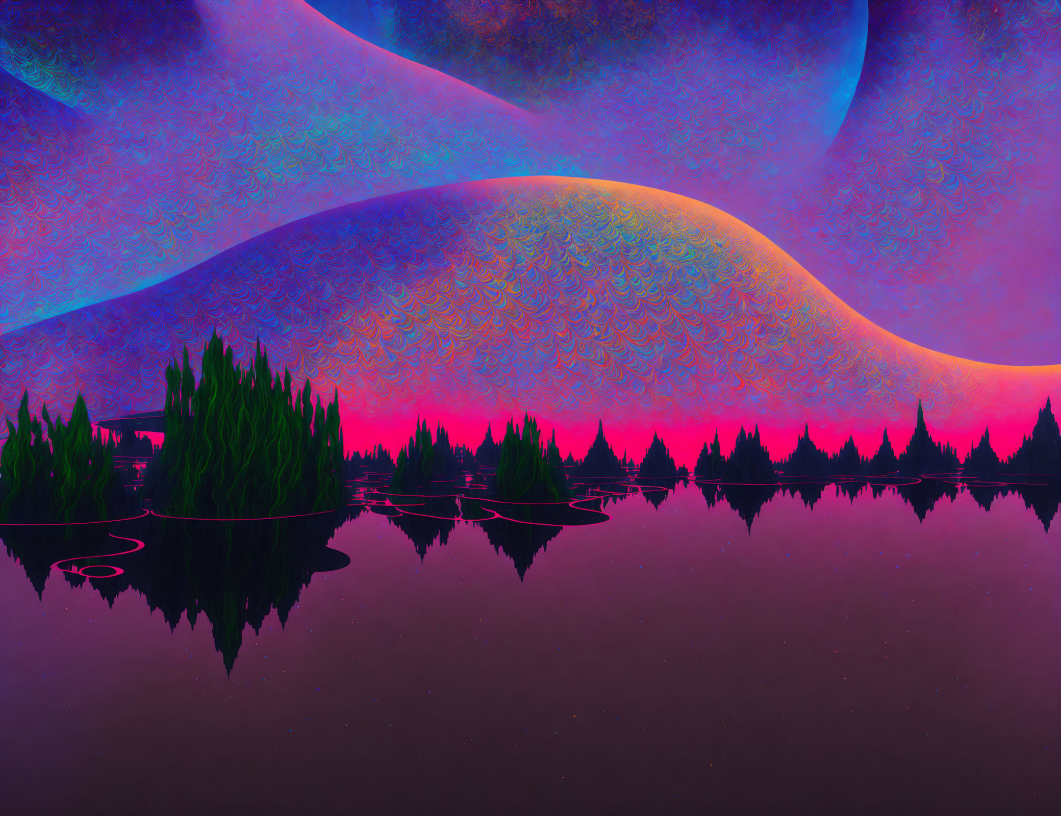 Psychedelic landscape with swirling sky patterns and serene lake.