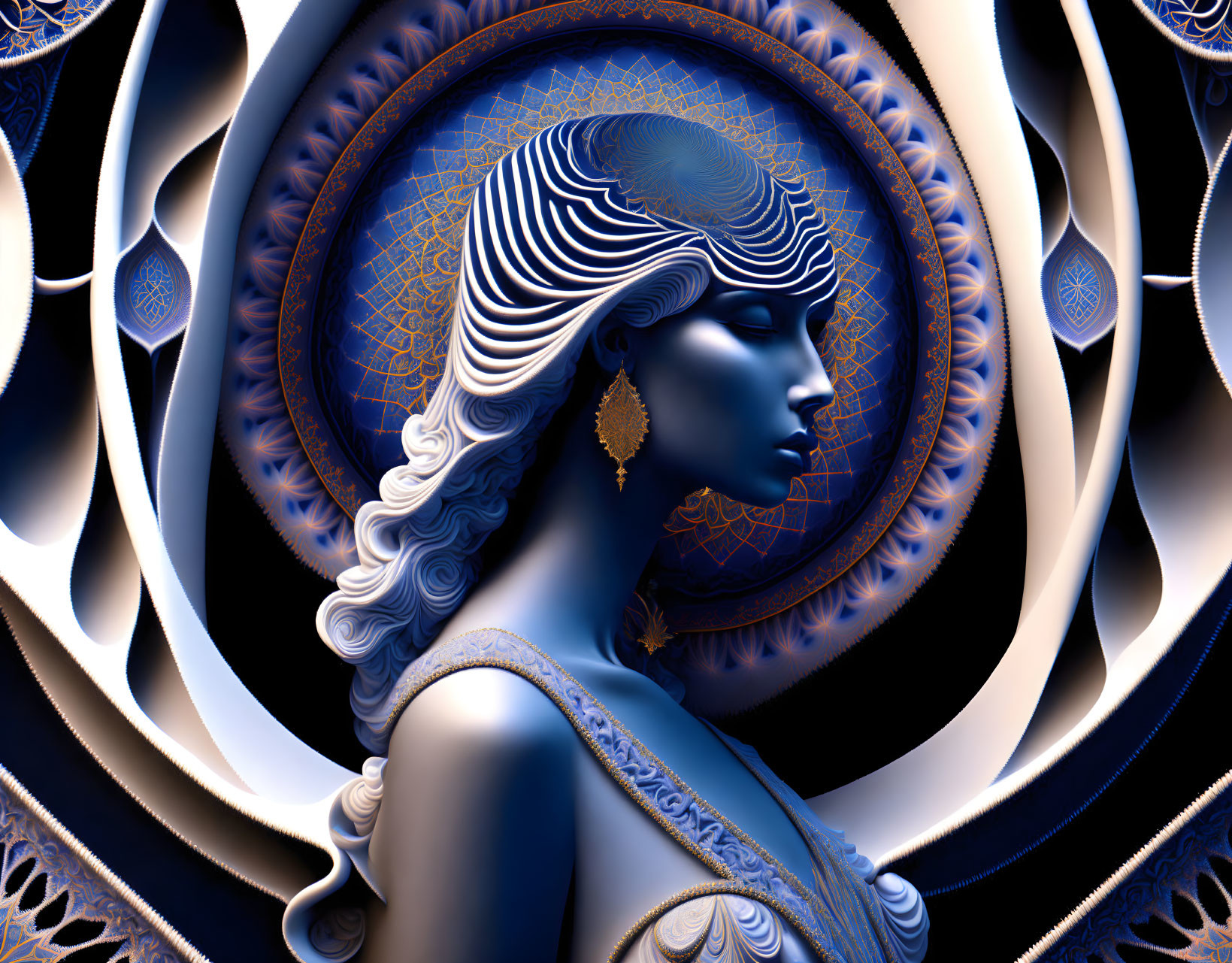 Stylized digital artwork of woman profile with intricate patterns and cosmic background