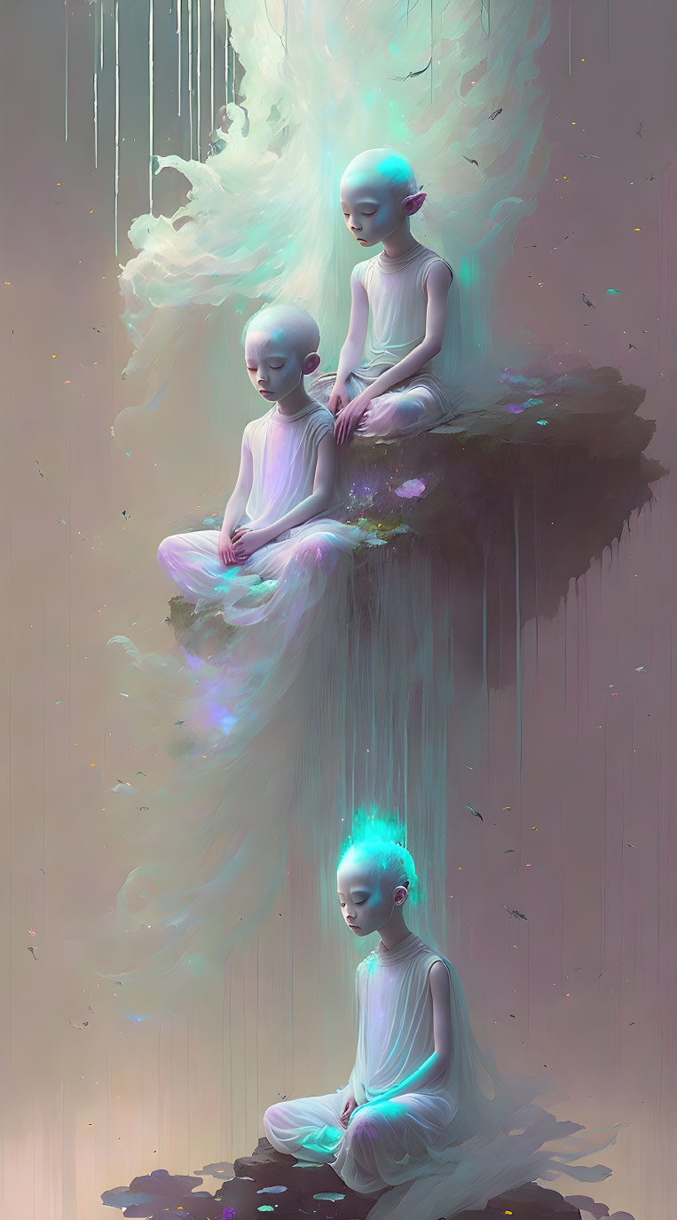 Serene figures with glowing auras in mystical setting