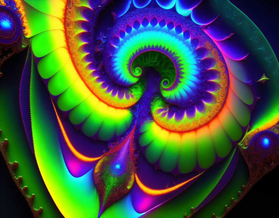 Colorful spiraling fractal art with green to blue gradient and intricate peacock feather details.