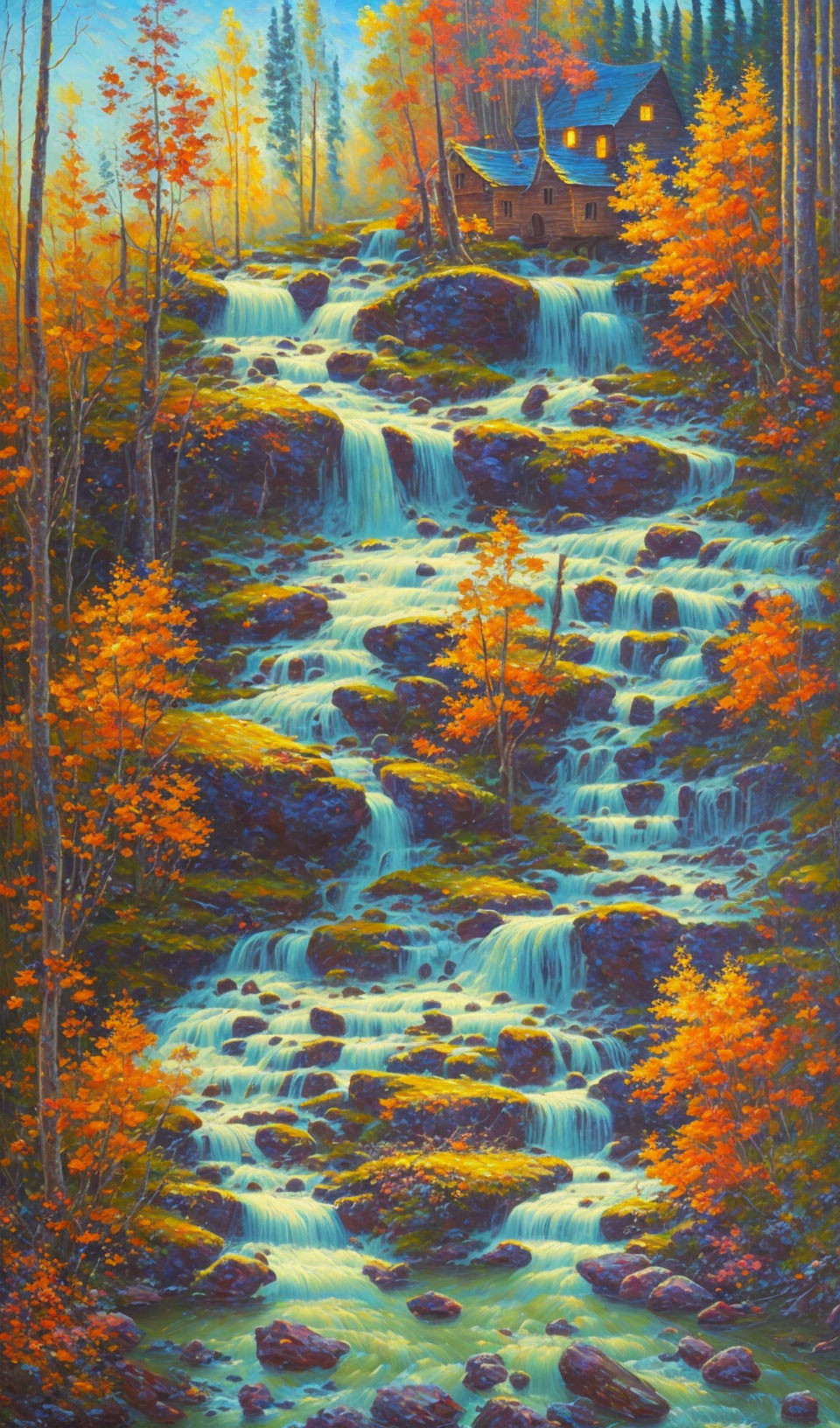 Tranquil autumn waterfall scene with wooden cabin