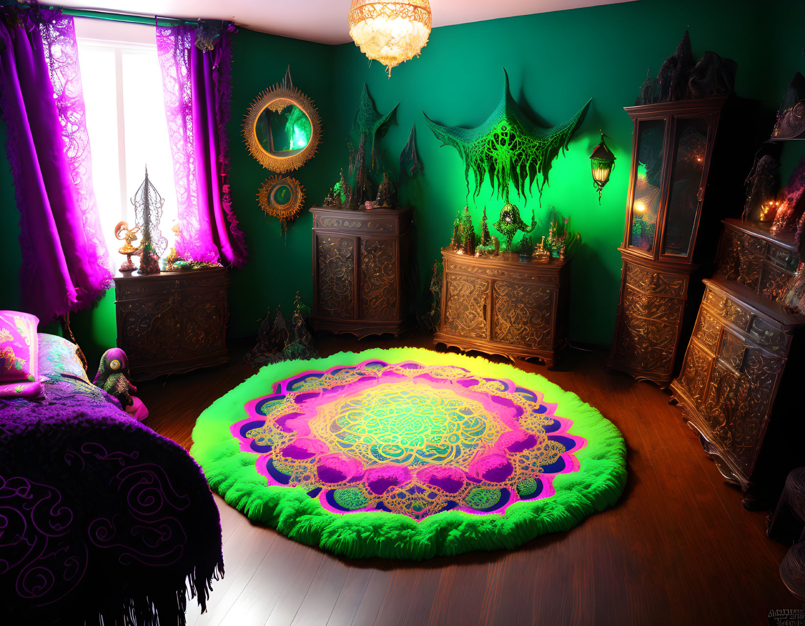 Colorful Room with Green Walls, Purple Curtains, Ornate Furniture & Whimsical Decor