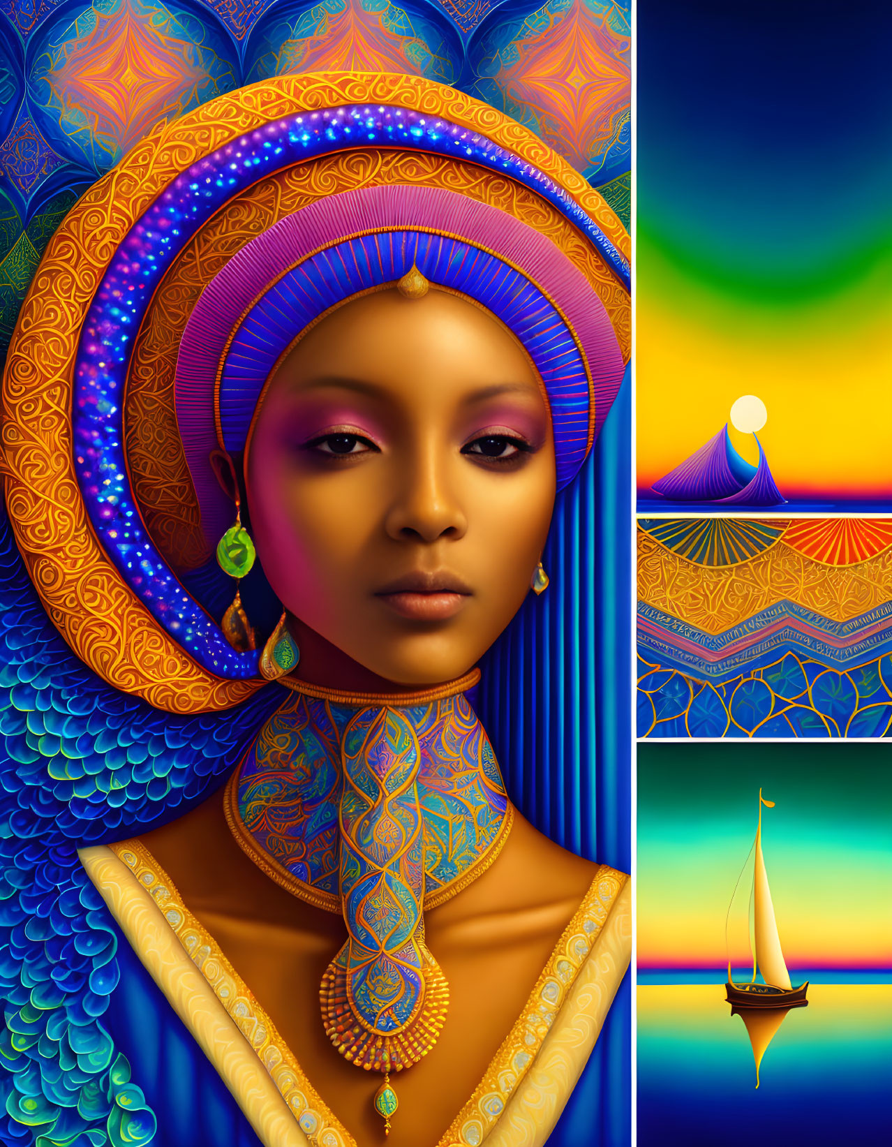 Colorful digital artwork of woman with blue and gold headwear and jewelry amid intricate patterns and abstract landscapes