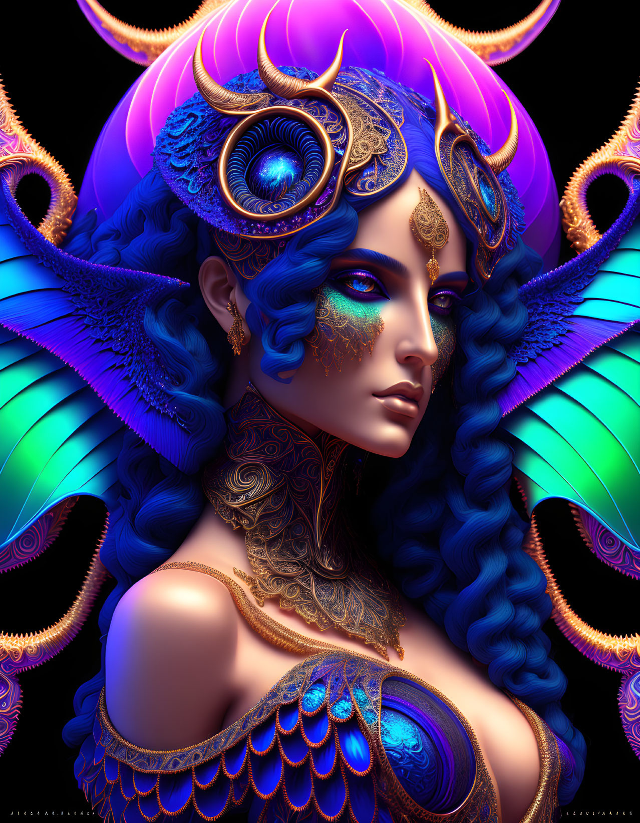 Fantasy digital artwork of female figure with blue hair, golden headpiece, tattoos, and blue wings