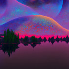 Psychedelic landscape with swirling sky patterns and serene lake.