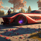 Sleek Red Futuristic Car with Purple Wheels in Autumn Landscape