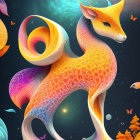 Abstract digital art: Patterned fox in cosmic scenery with swirling shapes and colorful trees