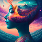 Colorful surreal profile with landscape mind: forests, mountains, celestial sky.