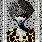 Stylized woman with afro in geometric patterns on dotted background