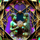 Stylized female figures with ornate headdresses and geometric object in kaleidoscopic backdrop