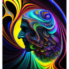 Colorful digital artwork: face profile merged with abstract patterns in blue, yellow, and orange