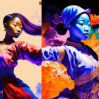 Split-image Artwork: Woman in Traditional Asian Attire with Modern Twist