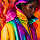 Dark-skinned woman in rainbow jacket against swirl background