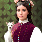 Victorian-era styled woman with floral headband and white dog portrait