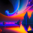 Colorful fractal landscape with swirling sky patterns and mirror-like water.