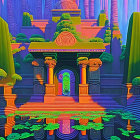 Colorful Stylized Temple Scene with Trees and Pillars