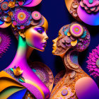 Abstract digital art: Two female figures with floral patterns in purple, blue, and orange