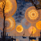 Enchanting nightscape with glowing orbs, trees, boats, and castles