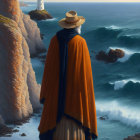 Person in wide-brimmed hat gazes at lighthouse and ocean waves from cliff