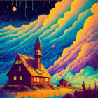 Colorful Stylized House and Tower Under Wavy Sky Reflection