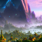 Colorful Otherworldly Landscape with Pagodas and Mountains