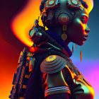 Futuristic African warrior woman with cybernetic enhancements and orange/blue lighting