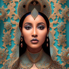 Exotic makeup woman in golden headdress against turquoise background