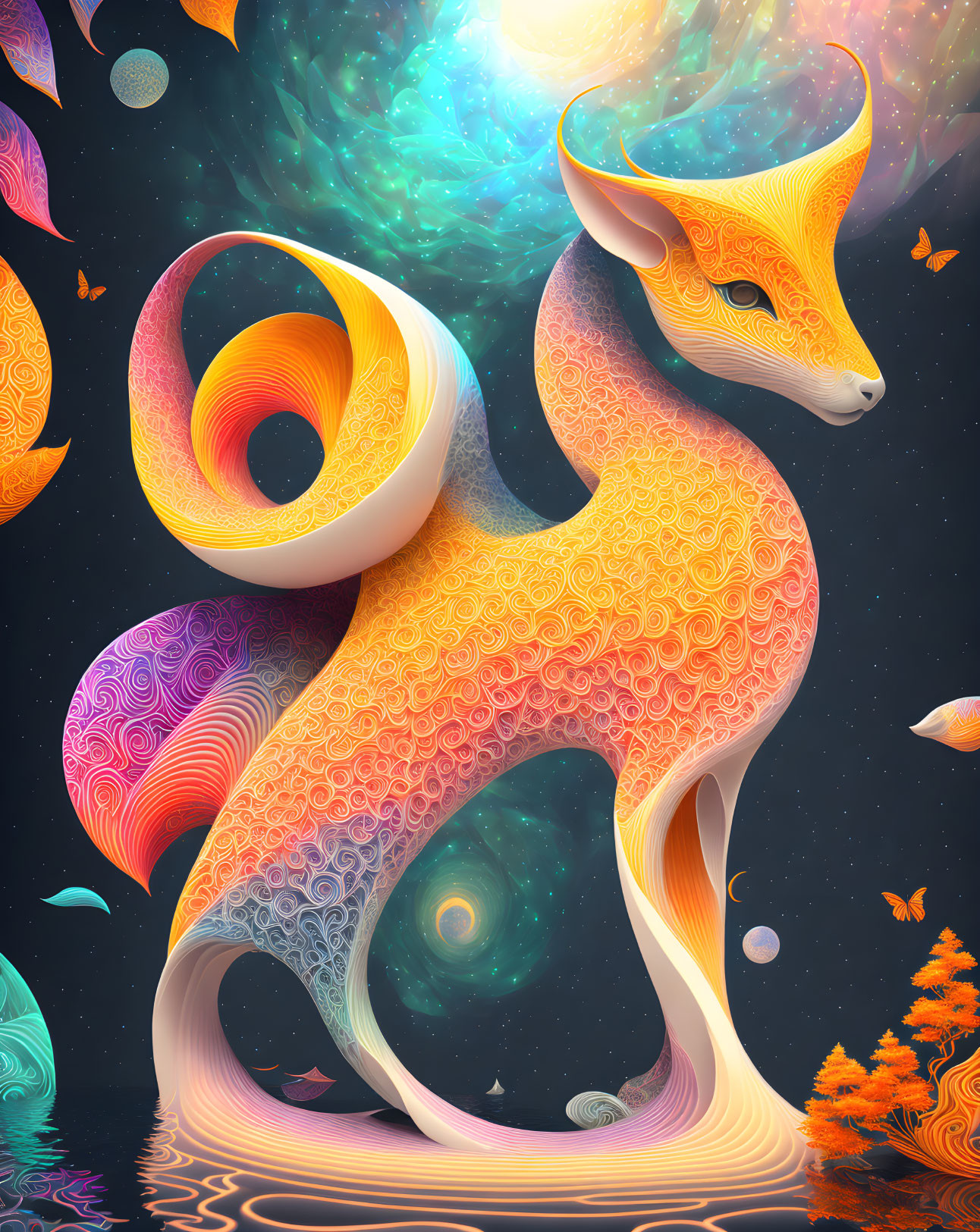 Abstract digital art: Patterned fox in cosmic scenery with swirling shapes and colorful trees