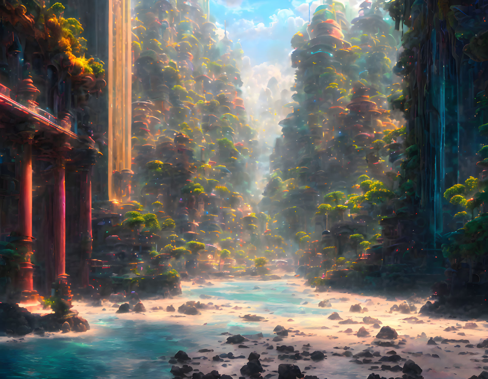 Mystical Forest with Towering Trees and Ancient Ruins