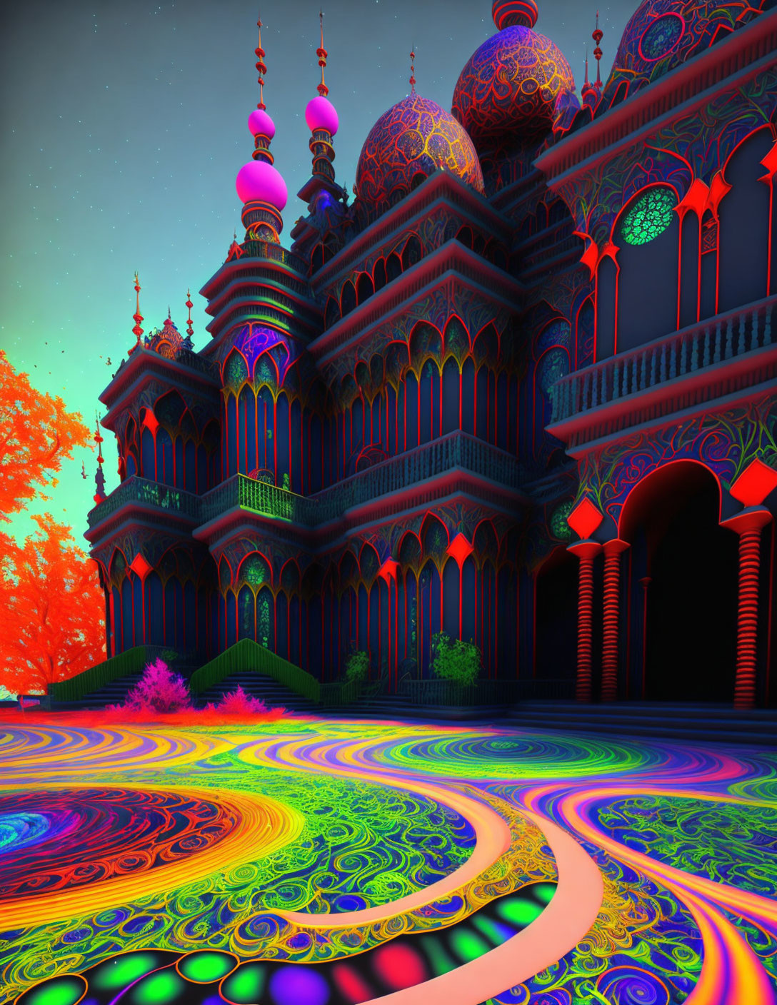 Fantastical palace digital artwork with neon colors and swirling patterns