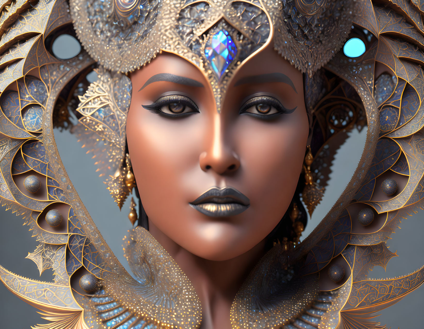 Close-up of 3D-rendered female figure with metallic golden headdress and peacock feathers