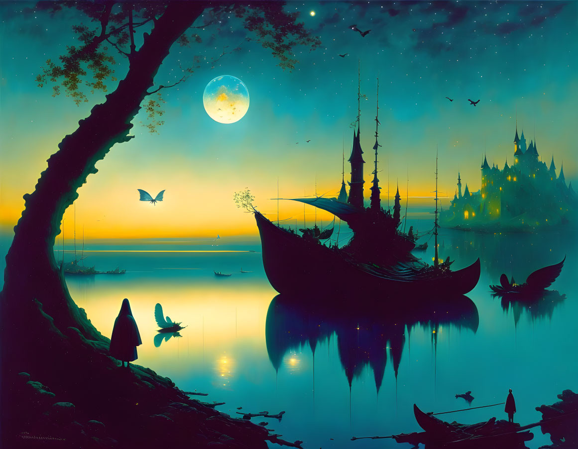 Fantasy Night Landscape with Glowing Moon and Lake