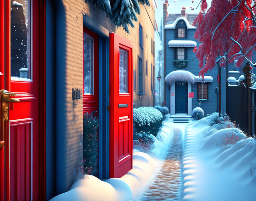 Snowy scene with red doors, snow-covered path, festive decorations at twilight