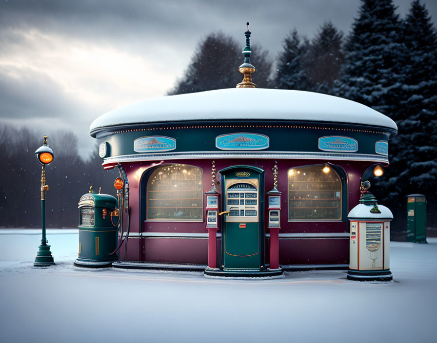 Winter evening scene of vintage carousel house with lights, snowy landscape, trees, and lamp posts.