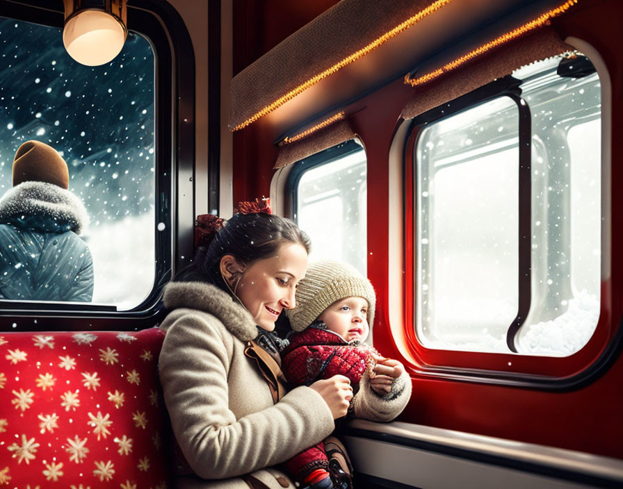 Woman and baby in cozy train with snowy landscape view and festive decorations