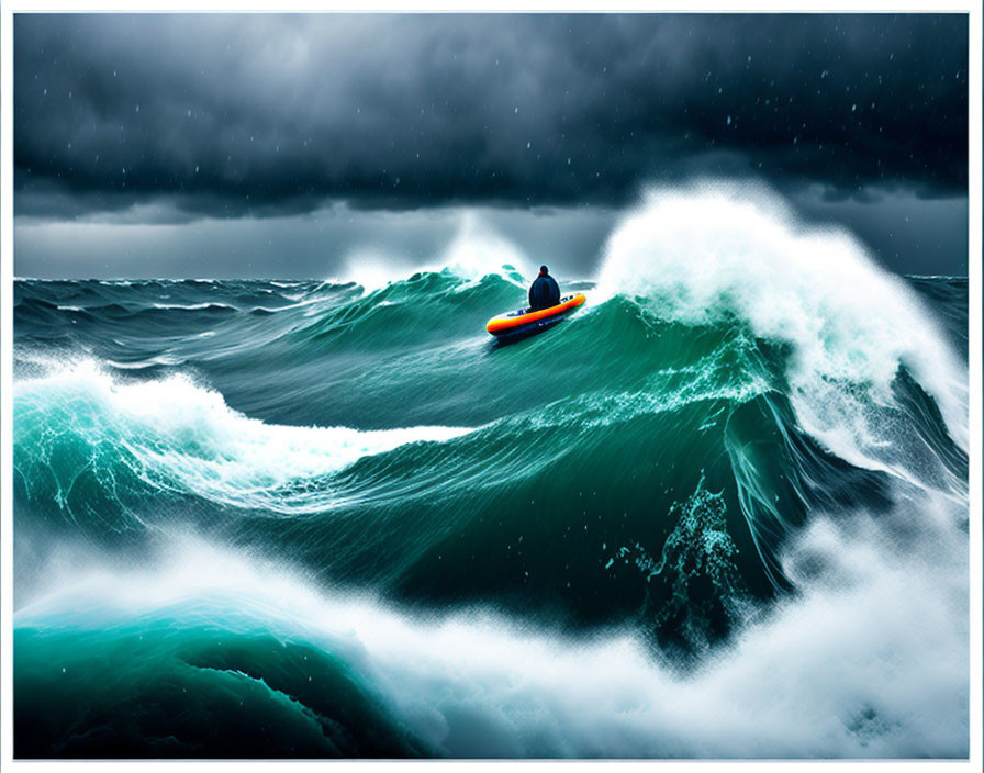 Person on Jet Ski Confronts Towering Ocean Waves in Stormy Weather