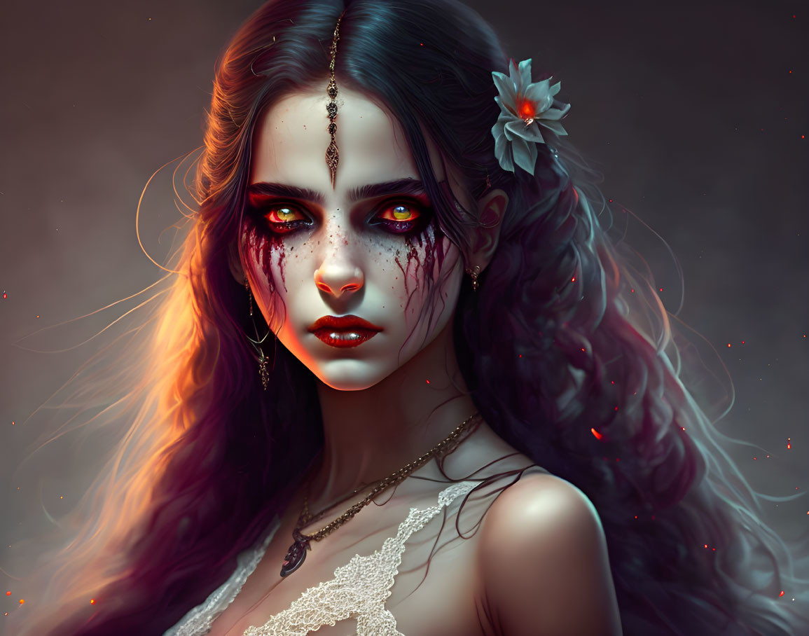 Digital artwork: Woman with dark hair, red eyes, blood tears, white lace dress, flower.